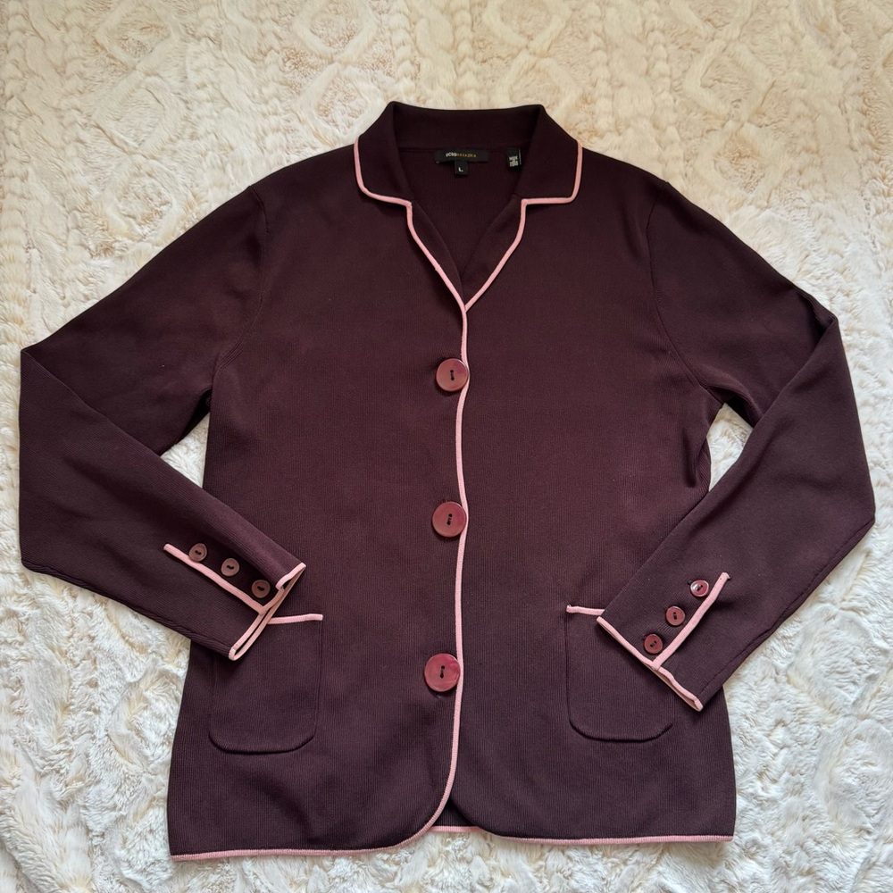 Vintage BCBG Brown Knit Blazer Jacket Pink Contrasting Front Pockets L